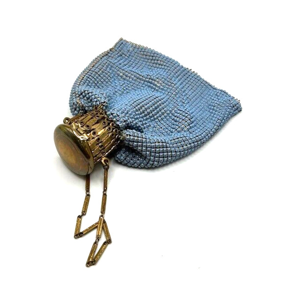 Vtg Antique Evening Purse Expandable Top Gold Mesh Beaded Beggars Bag Blue - Picture 1 of 14
